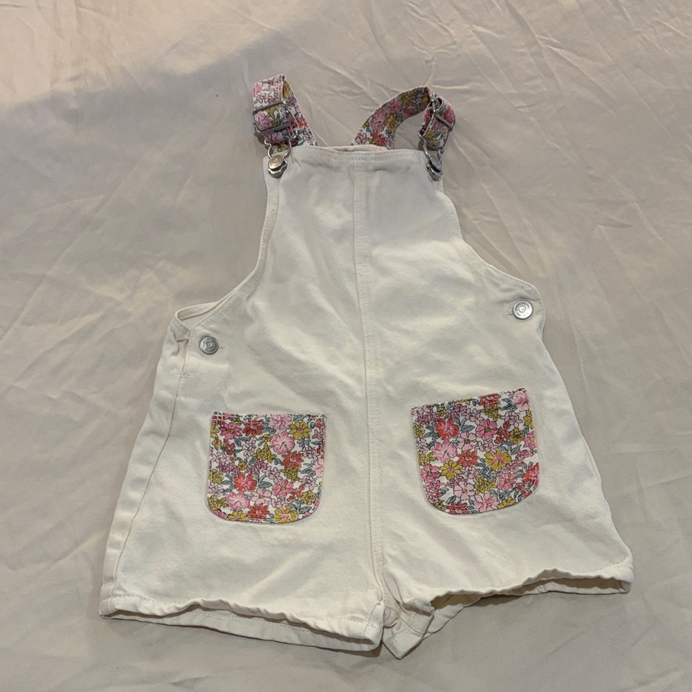 Zara White Overalls with Liberty Pink & Green Ditzy Floral Pockets